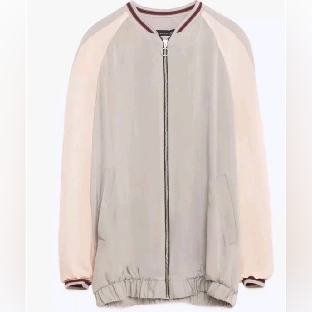 Zara woman silk zip up bomber jacket pink gray medium